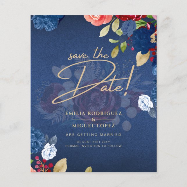 Rustic Burgundy Blue Floral Wedding SAVE THE DATE Flyer (Front)