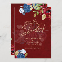 Rustic Burgundy Blue Floral Wedding SAVE THE DATE