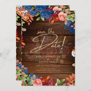 Rustic Burgundy Blue Floral Wedding SAVE THE DATE Invitation