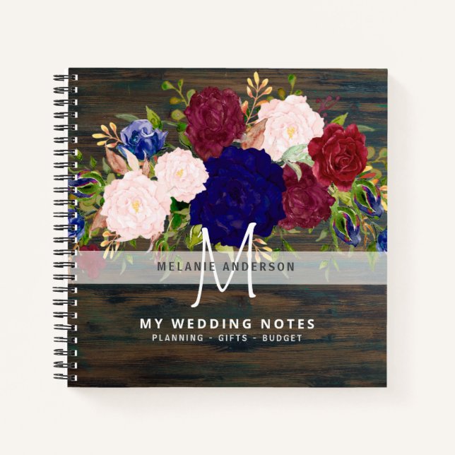 Rustic Burgundy Blue Pink Floral Wedding Planning Notebook (Front)