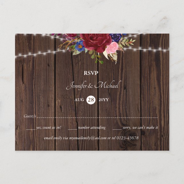 Rustic Burgundy Blue Wedding RSVP Postcard (Front)