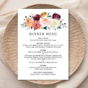 Rustic Burgundy Blush Fall Floral Wedding Dinner Menu