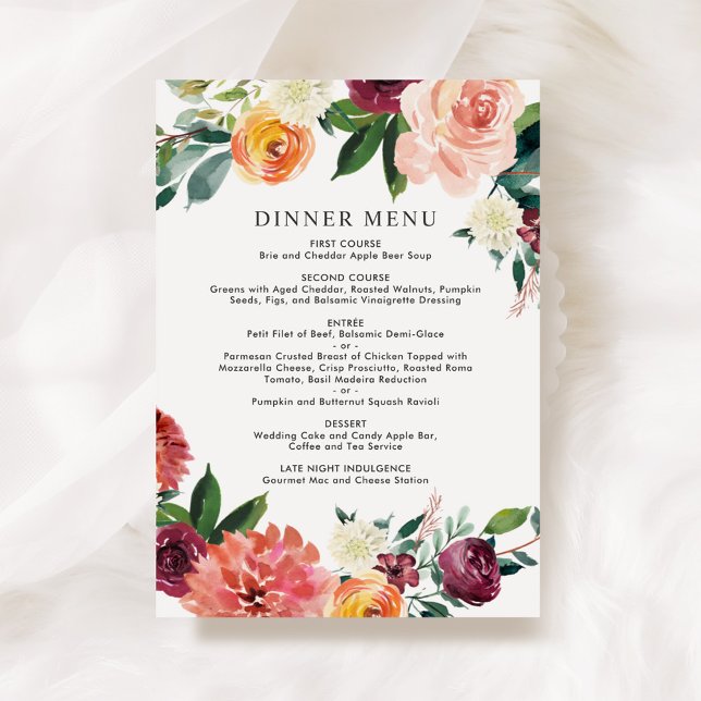 Rustic Burgundy Blush Fall Floral Wedding Dinner Menu (Creator Uploaded)