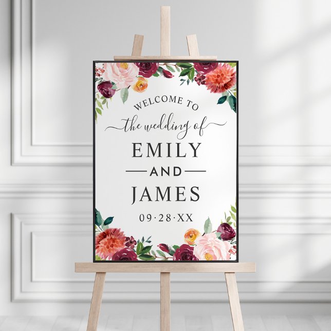 Rustic Burgundy Blush Fall Floral Wedding Welcome Poster (Creator Uploaded)