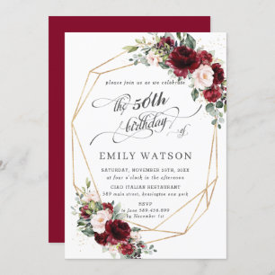 Rustic Burgundy Blush Floral Birthday Geometric Invitation