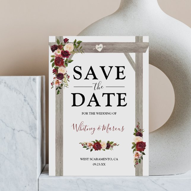 Rustic Burgundy Blush Floral Boho Save the Date Announcement Postcard (Creator Uploaded)