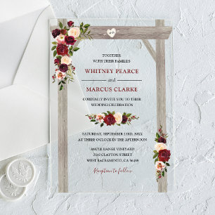 Rustic Burgundy Blush Floral Boho Wedding Arch Acrylic Invitations