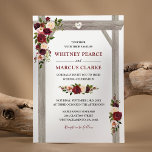 Rustic Burgundy Blush Floral Boho Wedding Arch Invitation<br><div class="desc">Autumn fall wedding invitations featuring a classy chic white background that can be changed to any colour,  a stylish burgundy,  marsala red & blush watercolor floral display on a rustic wooden wedding arch,  a carved heart with the couples initials,  and a modern marriage invitation template.</div>
