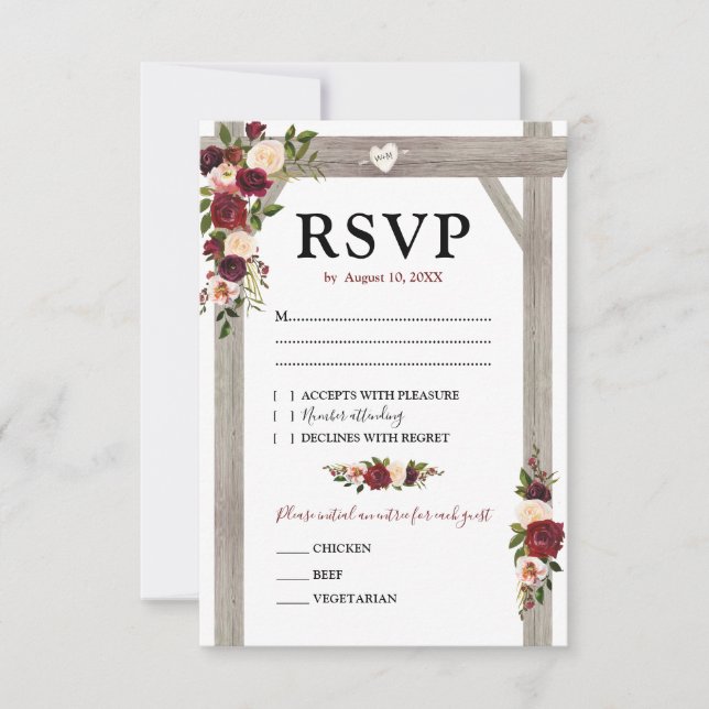 Rustic Burgundy Blush Floral Boho Wedding RSVP Card (Front)