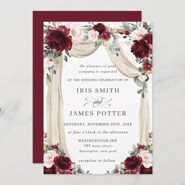 Rustic Burgundy Blush Floral Flower Arch Wedding  Invitation (Front/Back)