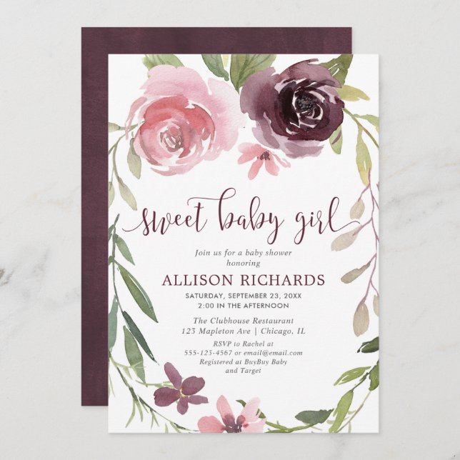 Rustic burgundy blush floral girl baby shower invitation (Front/Back)