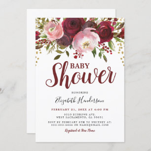 Rustic Burgundy Blush Floral Glitter Baby Shower Invitation