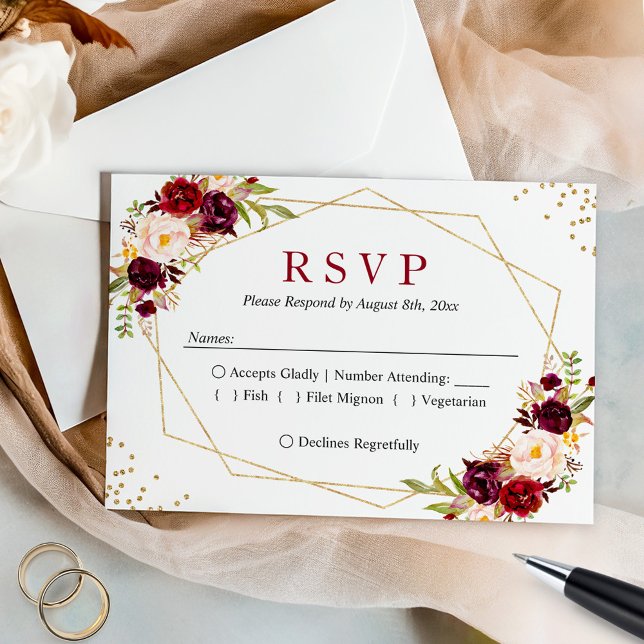 Rustic Burgundy Blush Floral Gold Glitters Wedding RSVP Card (Creator Uploaded)