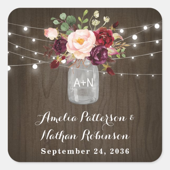 Rustic Burgundy Blush Floral Mason Jar Wedding Square Sticker (Front)