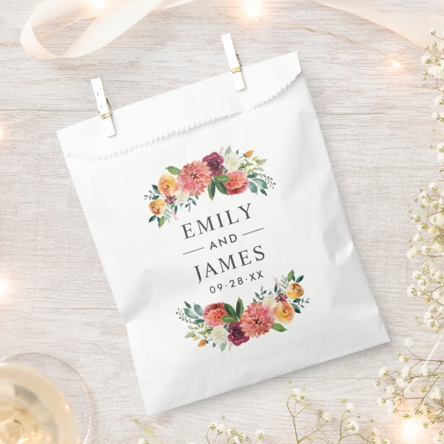 Rustic Burgundy Blush Floral Monogram Wedding Favour Bag (Clipped)