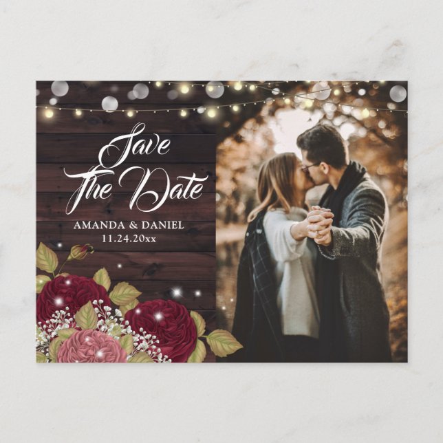 Rustic Burgundy Blush Floral Photo Save The Date Announcement Postcard (Front)