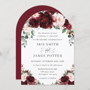 Rustic Burgundy Blush Floral Roses Arch Wedding  Invitation