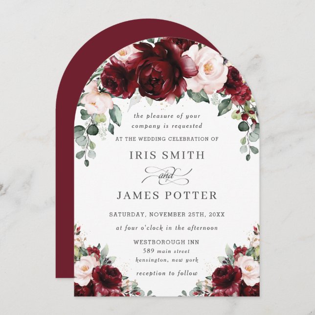 Rustic Burgundy Blush Floral Roses Arch Wedding  Invitation (Front/Back)