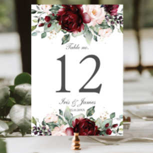 Rustic Burgundy Blush Floral Wedding Bridal Shower Table Number