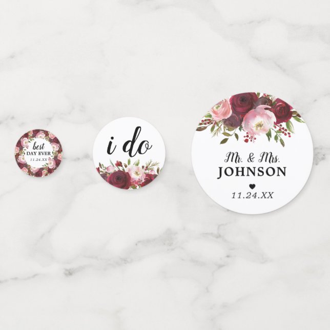 Rustic Burgundy Blush Floral Wedding Confetti (Fronts)