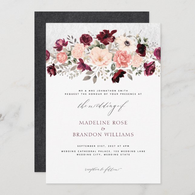 Rustic Burgundy Blush Floral Wedding Invitation (Front/Back)
