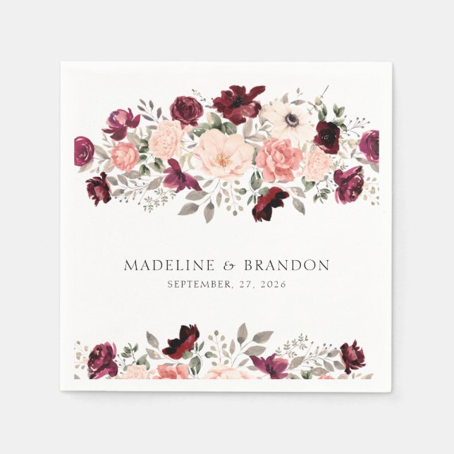 Rustic Burgundy Blush Floral Wedding Napkin (Front)