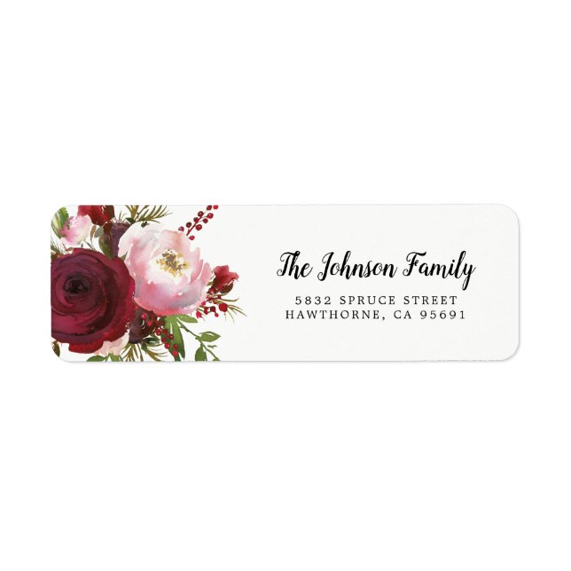 Rustic Burgundy Blush Floral Wedding Return Address Label (Front)