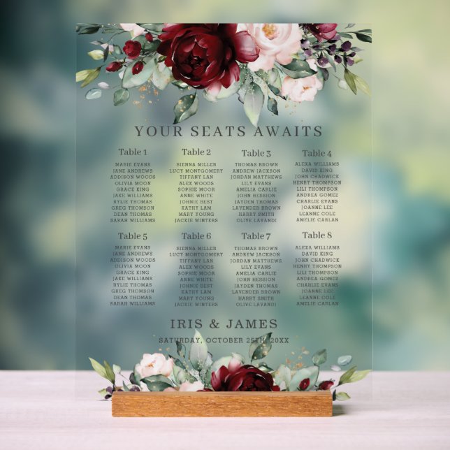 Rustic Burgundy Blush Floral Wedding Seating Chart (Neutral)