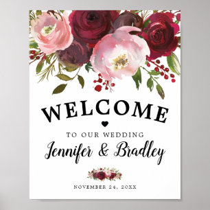 Rustic Burgundy Blush Floral Welcome Wedding Poster
