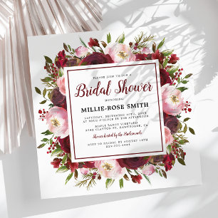 Rustic Burgundy Blush Flowers Bridal Shower Invitation