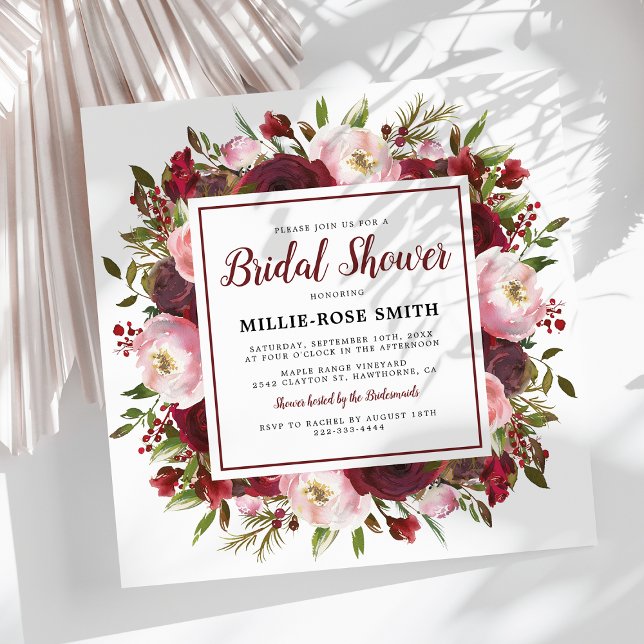 Rustic Burgundy Blush Flowers Bridal Shower Invitation (Creator Uploaded)