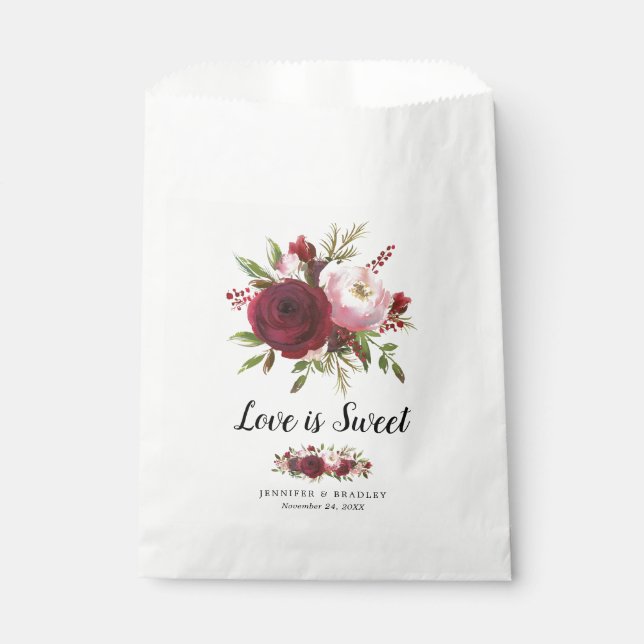 Rustic Burgundy Blush Flowers Wedding Candy Favour Bag (Front)