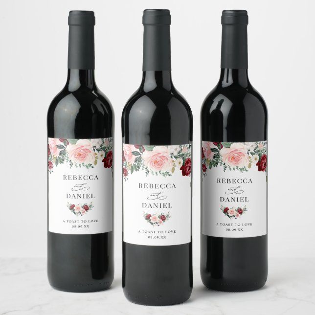 Rustic Burgundy Blush Flowers Wedding Personalised Wine Label (Bottles)