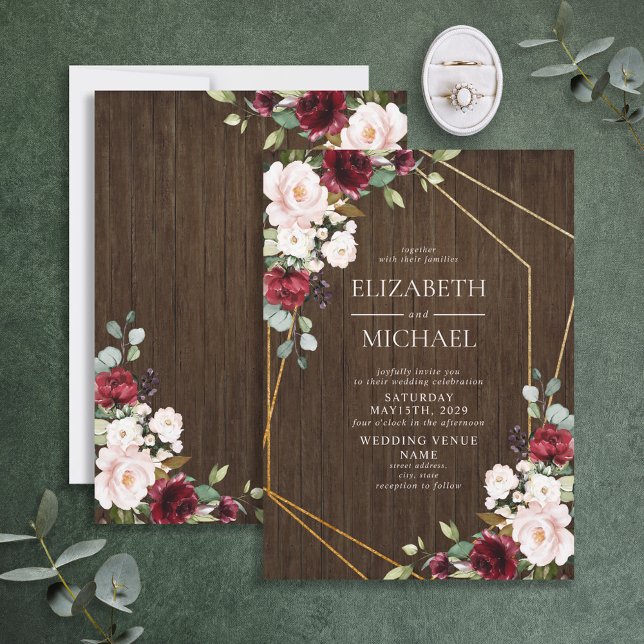 Rustic Burgundy Blush Geometric Wood Wedding Invitation (Creator Uploaded)