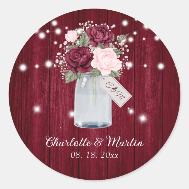 Rustic Burgundy Blush Monogram Floral Wedding Classic Round Sticker (Front)