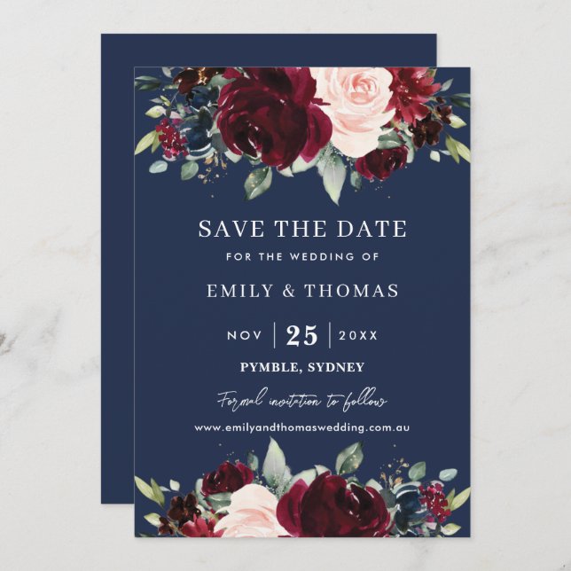Rustic Burgundy Blush Navy Floral Greenery Wedding Save The Date (Front/Back)