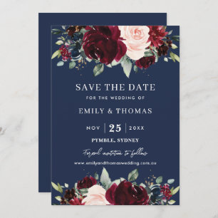 Rustic Burgundy Blush Navy Floral Greenery Wedding Save The Date