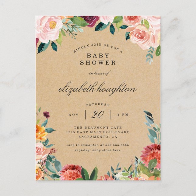 Rustic Burgundy Blush Pink Floral Baby Shower Invitation Postcard (Front)