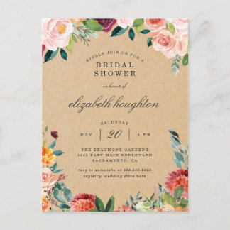 Rustic Burgundy Blush Pink Floral Bridal Shower Invitation Postcard