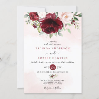 Rustic Burgundy Blush Pink Floral Greenery Wedding Invitation