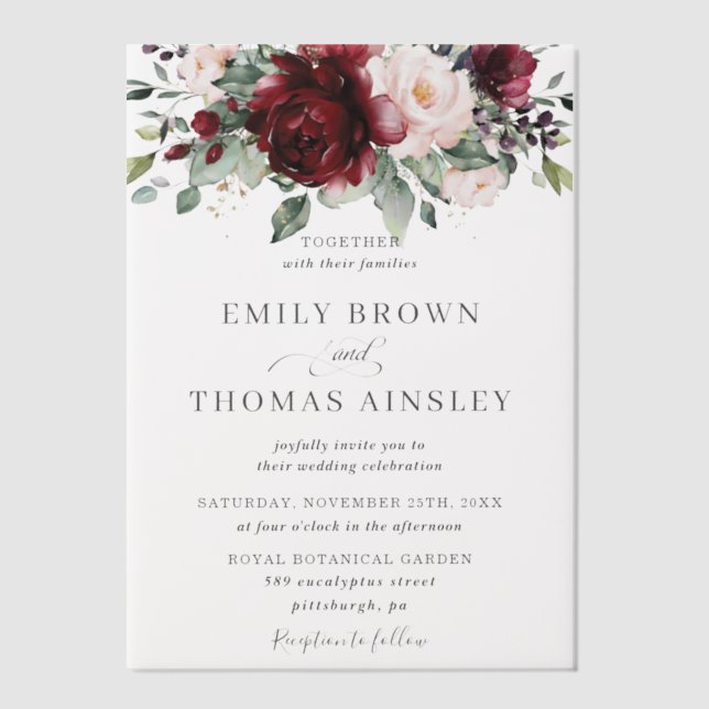 Rustic Burgundy Blush Pink Floral Greenery Wedding Vellum Invitations (Front)