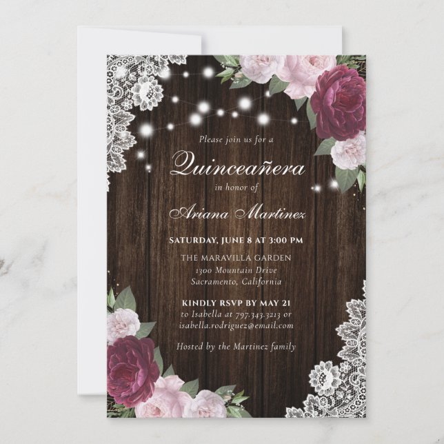 Rustic Burgundy Blush Pink Floral Quinceañera Invitation (Front)