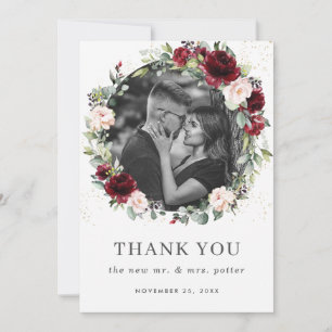 Rustic Burgundy Blush Pink Floral Wedding Photo Thank You Card