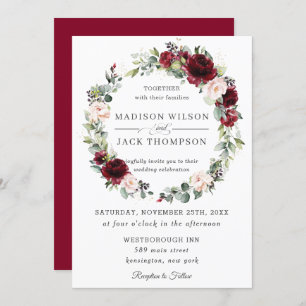 Rustic Burgundy Blush Pink Floral Wreath Wedding Invitation