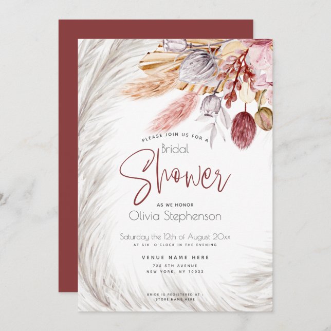 Rustic Burgundy Blush Pink Ivory Pampas Grass  Invitation (Front/Back)