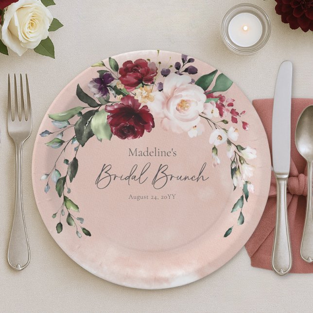 Rustic Burgundy & Blush Pink Roses Bridal Brunch Paper Plate (Rustic Burgundy & Blush Pink Roses Bridal Brunch Paper Plates)