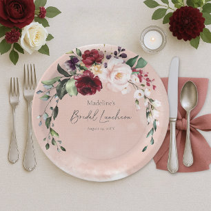 Rustic Burgundy & Blush Pink Roses Bridal Luncheon Paper Plate