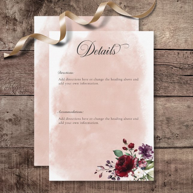 Rustic Burgundy & Blush Pink Roses Details Enclosure Card (Rustic Burgundy & Blush Pink Roses Wedding Details Enclosure Card)