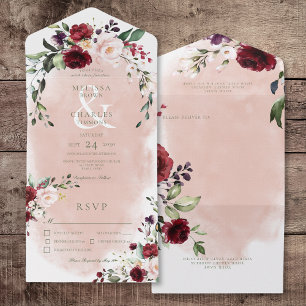 Rustic Burgundy & Blush Pink Roses Dinner All In One Invitation