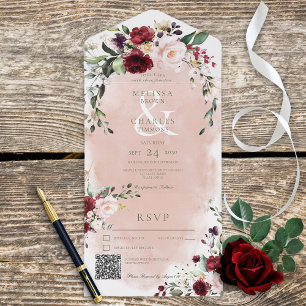Rustic Burgundy & Blush Pink Roses QR Code All In One Invitation